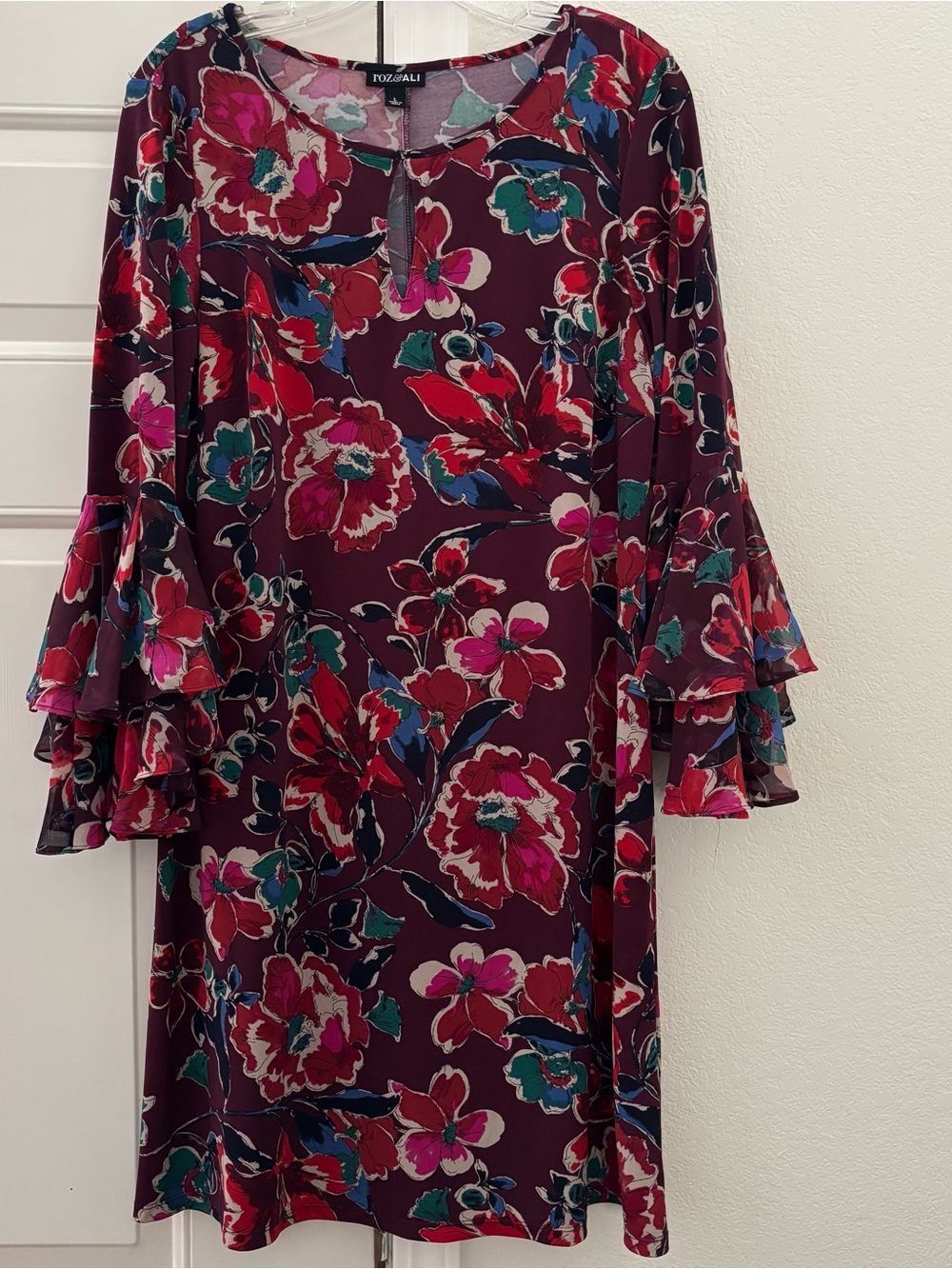 Roz & Ali Burgundy Floral Midi Dress with Ruffle Sleeves